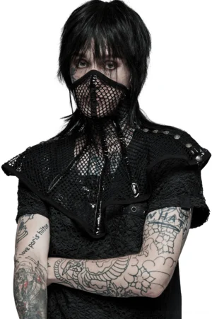 Black mesh gothic choker collar with shoulder pads worn by tattooed model in front studio view showing high neck design and transparent mesh fabric