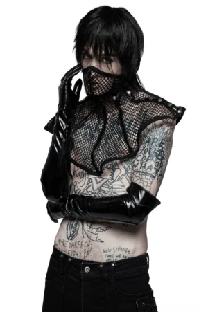 Black mesh gothic choker collar styled with long leather gloves worn by tattooed model in three-quarter side view on monochrome background