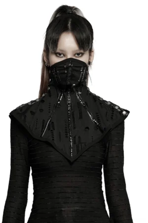 Black mesh gothic face mask collar with cutout details worn by model, front view showcasing intricate hole patterns