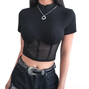 Black mesh gothic crop top with mock neck and sheer corset panel, front view on model