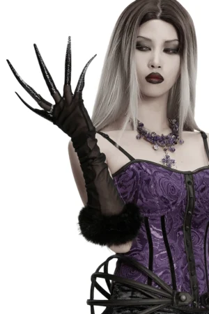 Black mesh gothic gloves with fluffy cuff worn by model with gradient hair, front close-up showing sheer fabric and demon claw fingertips