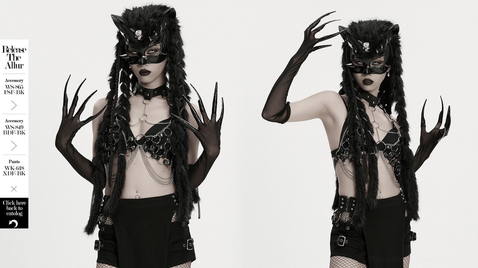 Black mesh gothic gloves with fluffy cuff and demon claw tips, main product hero shot on white background