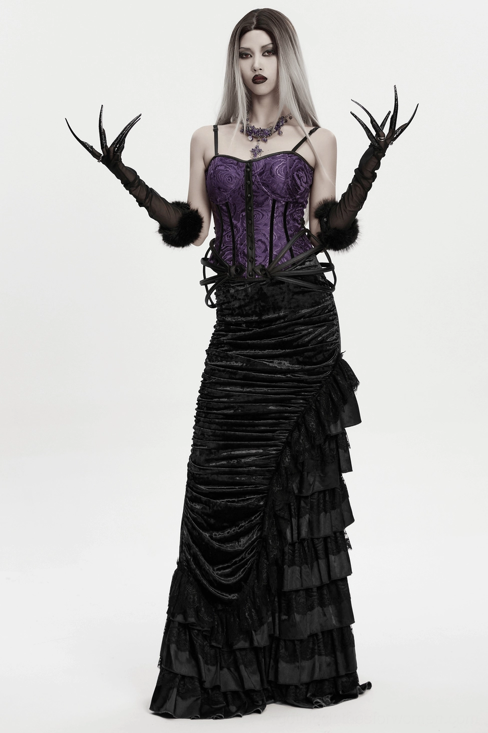 Black mesh gothic gloves with detachable fluffy cuffs and demon claw fingertips, product showcase angle
