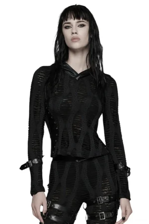 Black mesh gothic hoodie with buckle cuff detail front view on model