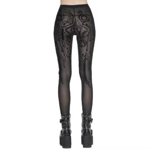 Black transparent mesh gothic leggings rear view showing full circuit board flocking design