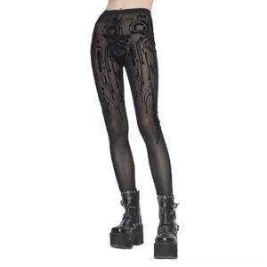 Black sheer mesh gothic leggings with cyberpunk circuit flocked print, side view on model with platform boots