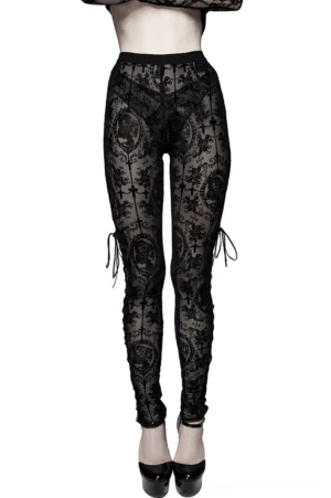 Women's black mesh gothic leggings with lace-up side details worn by model in front studio view