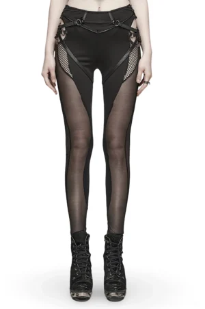 Black mesh panel gothic skinny leggings front view on model, featuring sheer mesh side inlays and harness hardware details