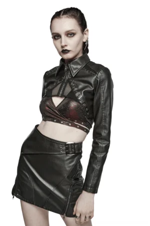 Black mesh gothic punk jacket front three-quarter view on model with goth styling
