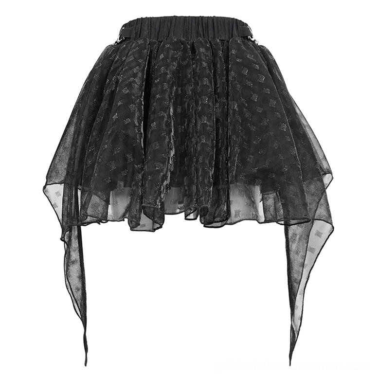 Flat lay overhead view of black layered mesh gothic skirt with metal waist trim and multi-point asymmetric hem
