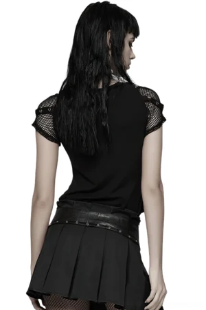 Black gothic mesh t-shirt back view on model with pleated skirt and goth belt