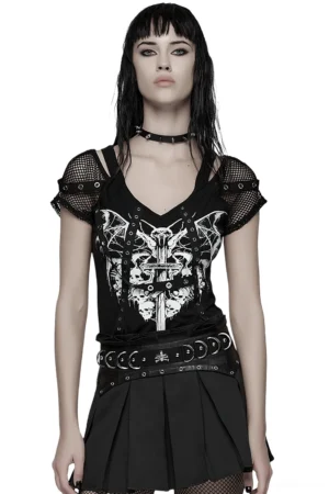 Black mesh gothic t-shirt with bat and skull print worn by goth model front view