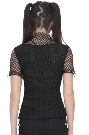 Black mesh zip-up gothic tee back view showing fishnet sleeve panels and fitted silhouette