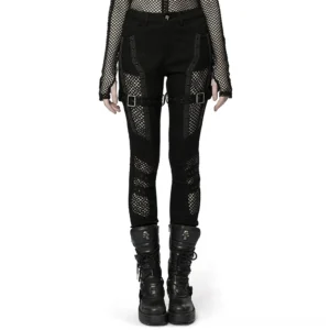 Black mesh gothic trousers front view with eyelet details and thigh buckle straps