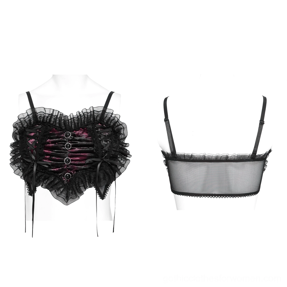 Black gothic heart-shaped bustier camisole flat lay on mannequin display, front and back dual view showing mesh construction and ruffle details