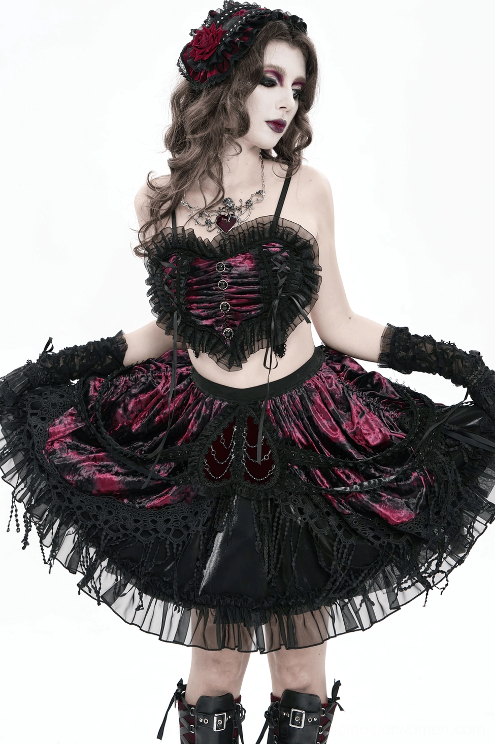 Full-length front view of black mesh gothic heart bustier crop top with ribbon lace-up sides and theatrical dark fashion styling