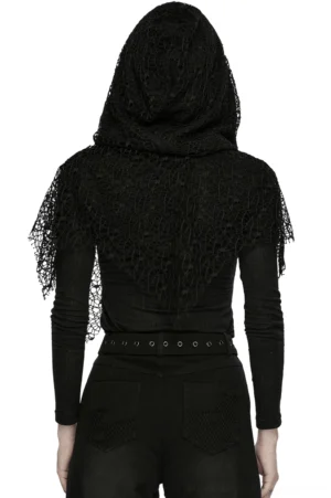 Black mesh gothic hoodie back view showing draped mesh capelet and layered design