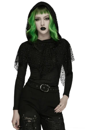 Black hooded mesh gothic punk top front view with oversized hood and cobweb mesh overlay detail on model with green hair