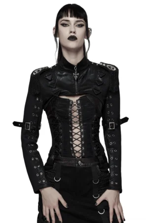 Black cropped mesh jacket with lace-up front cutout and studded shoulder details front view on model