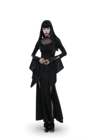 Black gothic mesh lace high slit witch dress front view on model with long black bangs hair