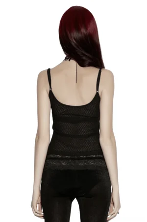 Black gothic mesh camisole back view on model showing low back design with adjustable straps