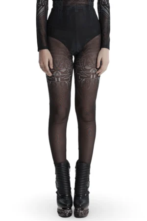 Black mesh cyberpunk skull leggings with gradient print - front full body view on model