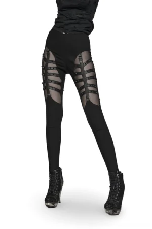 Black mesh studded gothic leggings with skeleton strap details, three-quarter view worn by model
