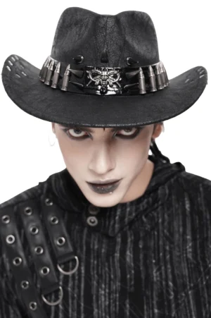 Black metal spike bullet trim gothic cowboy hat front view on male model with gothic makeup and styling