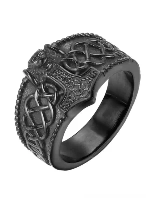 Black stainless steel Mjolnir Celtic gothic men's ring with engraved Norse hammer and Celtic knot design, side view