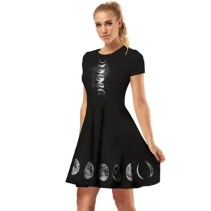 Black moon phase gothic dress front view on model, featuring celestial print on bodice and flared A-line skirt