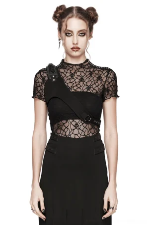 Black micro twill O-ring chest harness front view on female model, gothic alternative fashion statement piece