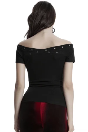 Black off-shoulder eyelet gothic T-shirt back view with crisscross waist straps and grommet details