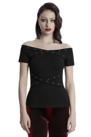 Black off-shoulder eyelet gothic T-shirt front view on model with crisscross neckline straps and metal grommets