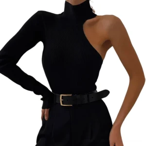 Black asymmetrical off-shoulder ribbed turtleneck bodysuit front view on fashion model