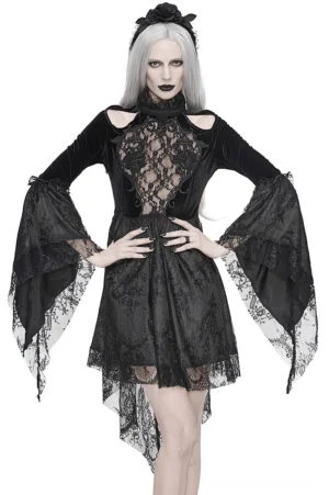 Black off-shoulder velvet gothic dress with lace trumpet sleeves - front full-body view on model with silver hair