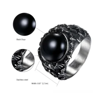 Black onyx gothic ring technical specifications display with measurements and material details labeled