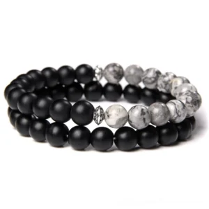 Black onyx and grey mapstone dual-stone gothic beaded bracelet with silver metal spacers, 8mm round beads, unisex elastic wrist jewelry