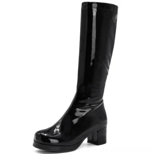 Black patent leather gothic square toe mid-calf boots with chunky block heel side view