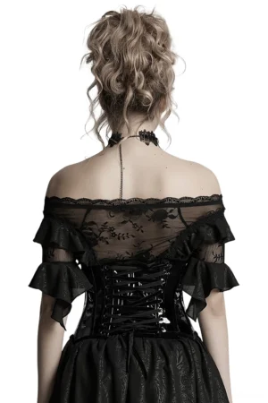 Back view of black patent leather gothic corset showing adjustable lace-up closure with metal eyelets on goth model
