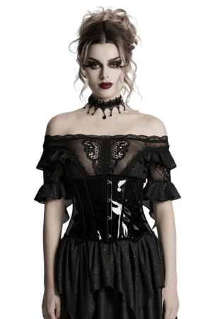 Black patent leather gothic corset with metal buckles worn by goth model in front view, paired with lace top and choker, studio setting