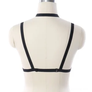 Black pentagram elastic body harness back view - adjustable metal buckles and back strap configuration, demonstrating the minimalist back structure and hardware closure system for gothic chest harness