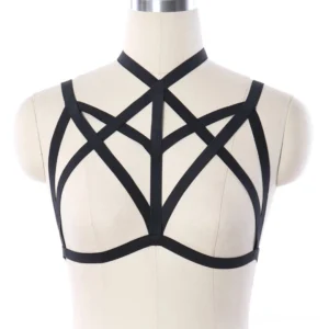 Black pentagram elastic body harness front view - gothic bondage halter neck with hollow pentagram cutout design, halter-style configuration showing chest strap placement and mystical pentagram pattern