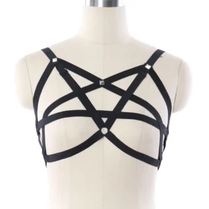 Black pentagram chest harness front view - gothic body harness with metal hardware and crisscross strap design