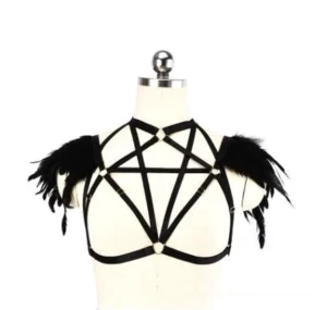 Black pentagram chest harness with feather trim - gothic elastic body harness for women with metal round hardware
