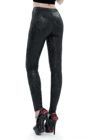 Black pentagram floral embossed gothic leggings back view with platform heels