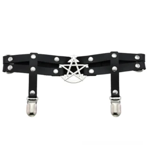 Black pentagram PU leather leg garter belt flat lay product view, displaying silver pentagram charm, metal rivets, and dual metal clip fasteners on studio background