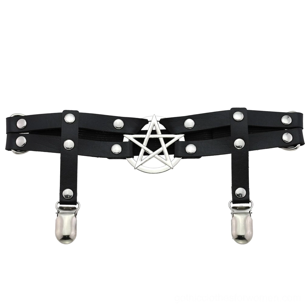 Black pentagram PU leather leg garter belt flat lay product view, displaying silver pentagram charm, metal rivets, and dual metal clip fasteners on studio background