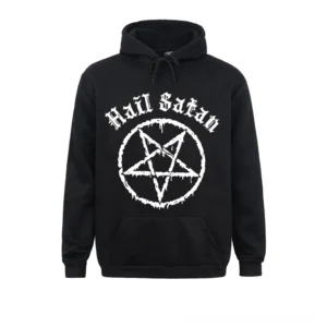 Black pentagram gothic hoodie with white satanic print and adjustable hood - unisex alternative fashion hooded sweatshirt front view