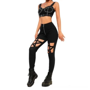 High-waist black pentagram hollow-out skinny pants front full-body studio shot with zipper closure