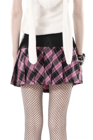 Black-pink plaid gothic mini skirt studio front view with plain fishnet hosiery